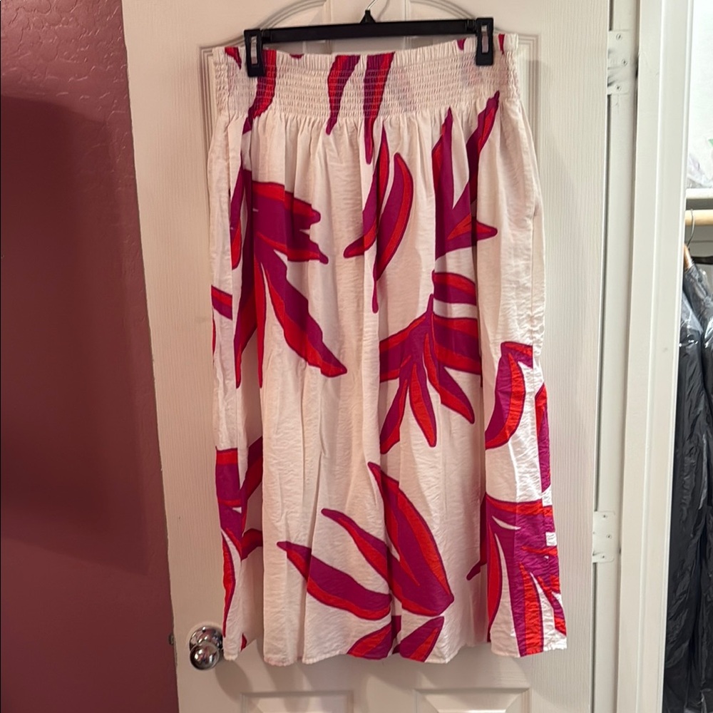 Nine West Pink and White A-Line Midi Skirt Smocked Resort Wear